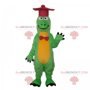 Mascota dragón con sombrero y pajarita patrón escocés -