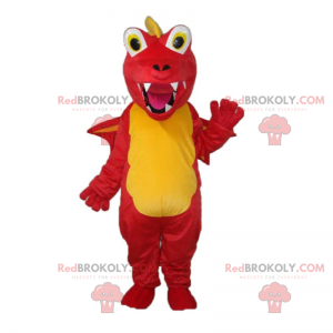 Mascota dragón amarillo y rojo con dientes grandes -