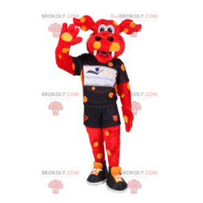 Orange dragon mascot and yellow spot in sportswear -