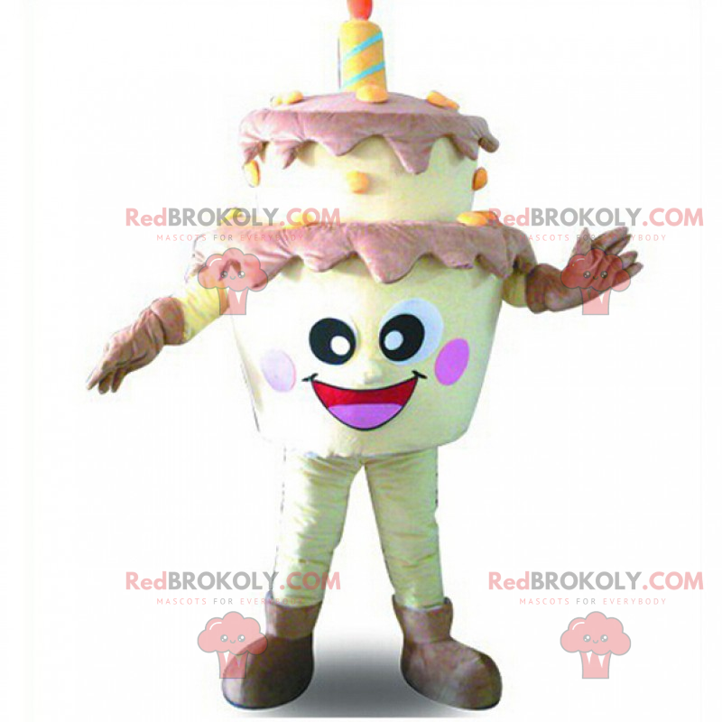 Birthday cake mascot with smiling face - Redbrokoly.com