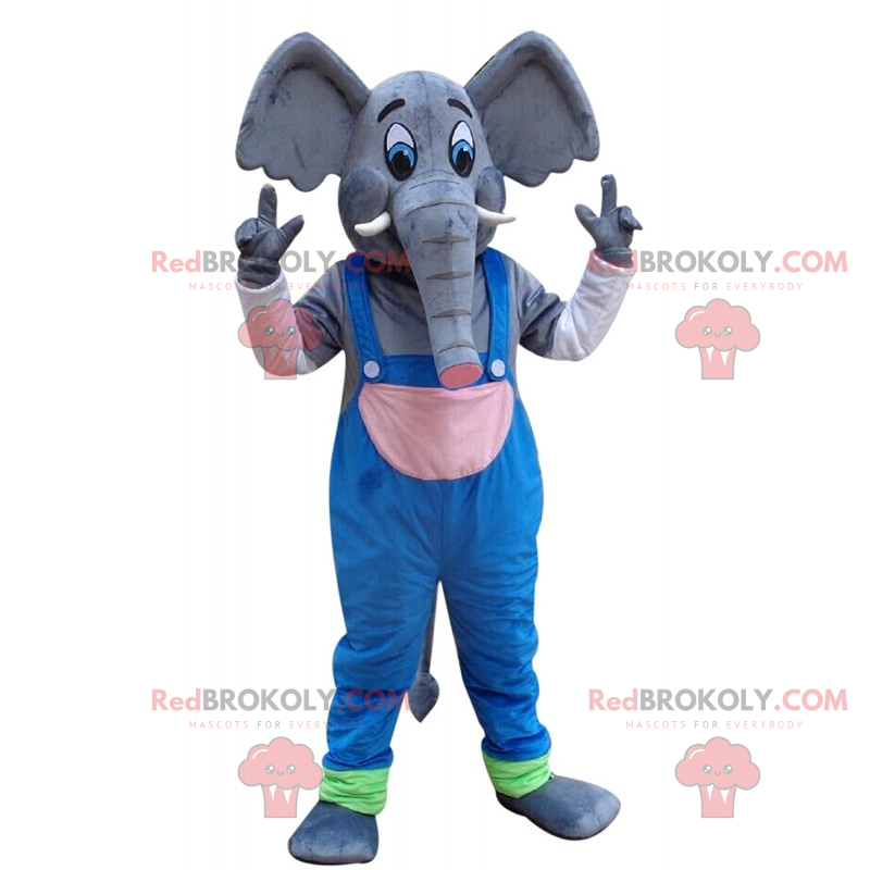Stor elefant maskot med overall - Redbrokoly.com