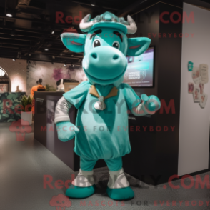 Fantasia de mascote Vaca Turquesa com saia curta e bonés - Mascotes de vaca - REBROKO_253452 - RedBrokoly.com