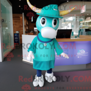 Fantasia de mascote Vaca Turquesa com saia curta e bonés - Mascotes de vaca - REBROKO_253455 - RedBrokoly.com