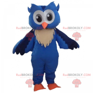 Mascote da coruja azul com grandes olhos cinzentos -