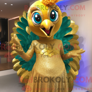 Gold Peacock maskot drakt...