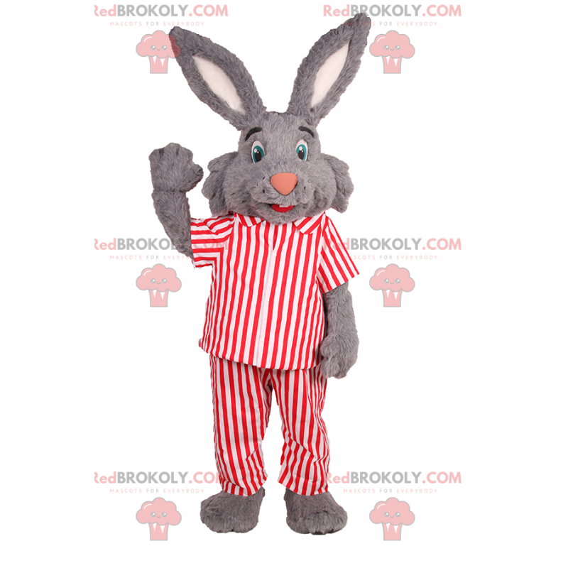 Mascote coelho com orelhas grandes e pijama listrado -