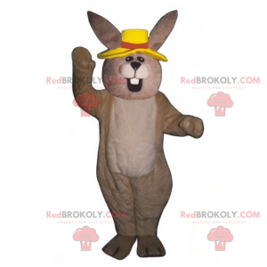 Beiges Kaninchenmaskottchen mit gelbem Hut - Redbrokoly.com