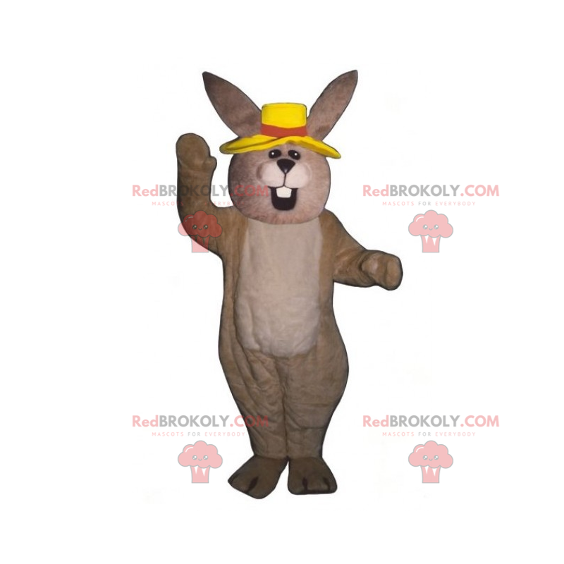 Beżowy królik maskotka z żółtym kapeluszem - Redbrokoly.com Beżowy królik maskotka z żółtym kapeluszem - Redbrokoly.com
