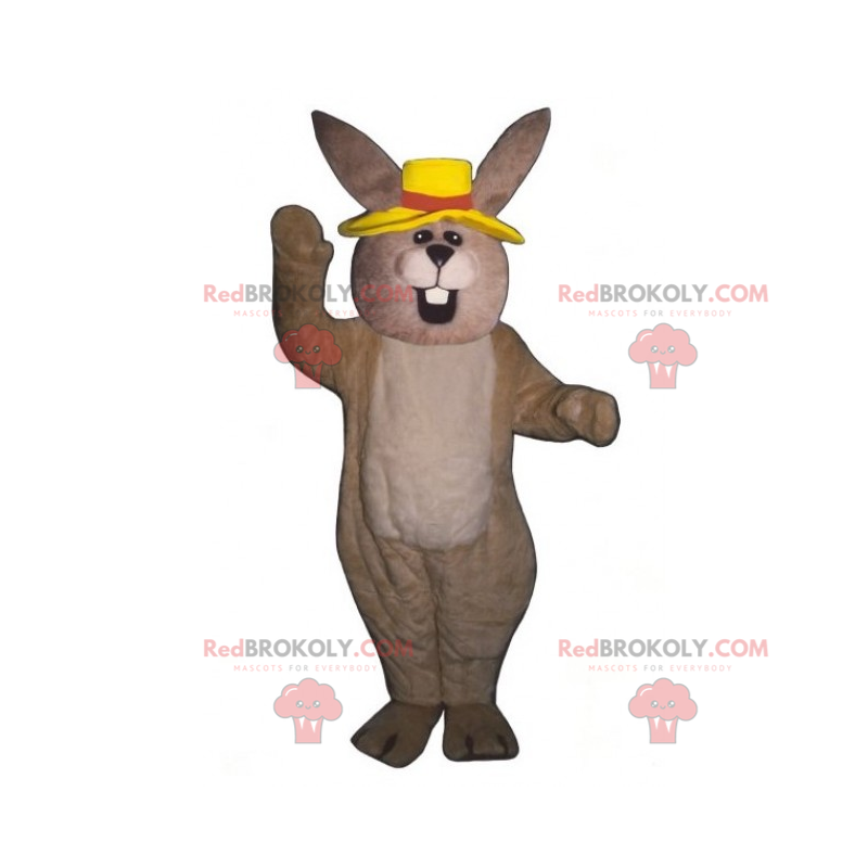 Mascotte de lapin beige avec chapeau jaune - Redbrokoly.com