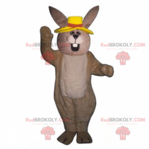 Beżowy królik maskotka z żółtym kapeluszem - Redbrokoly.com