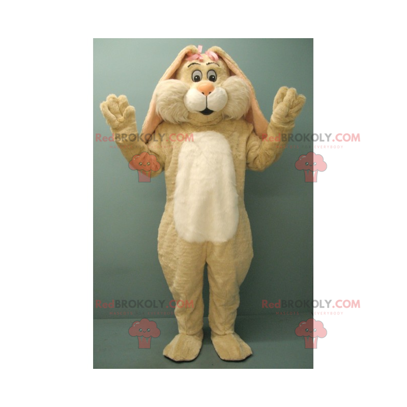 Beige rabbit mascot with two pink knots - Redbrokoly.com