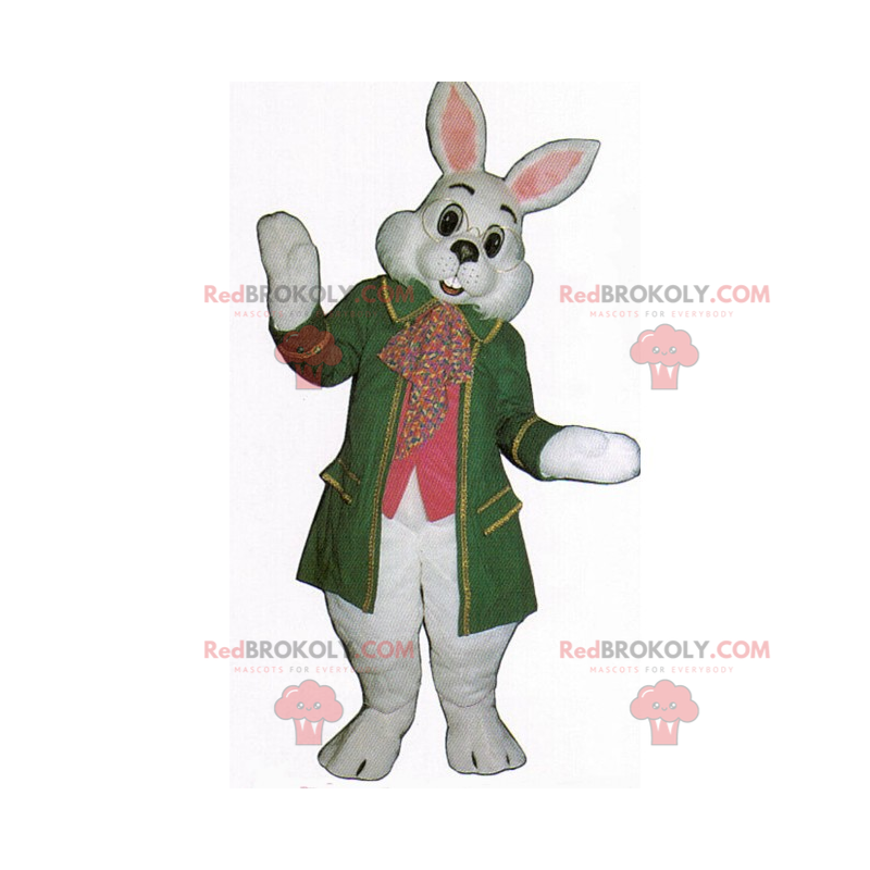 Biały królik maskotka w zielonym płaszczu - Redbrokoly.com