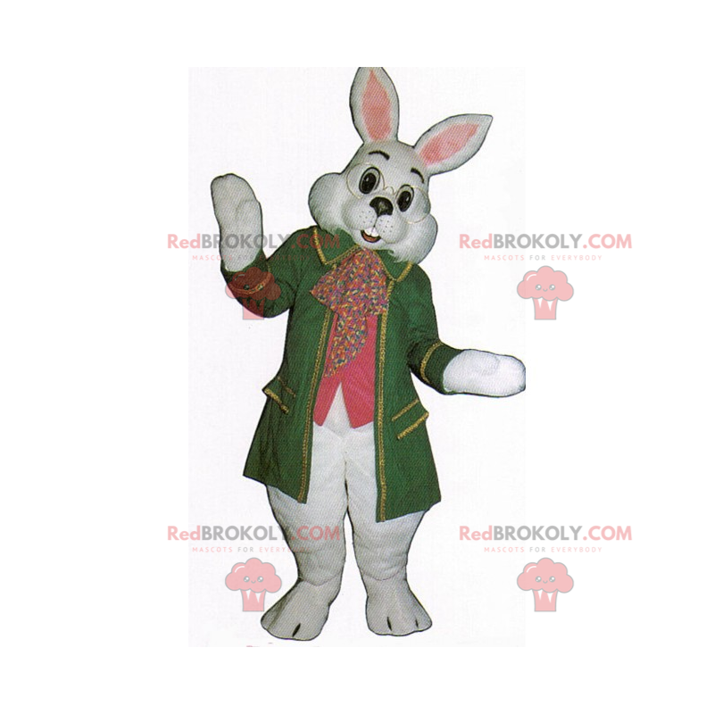 Bílý králík maskot v zeleném kabátě - Redbrokoly.com Bílý králík maskot v zeleném kabátě - Redbrokoly.com