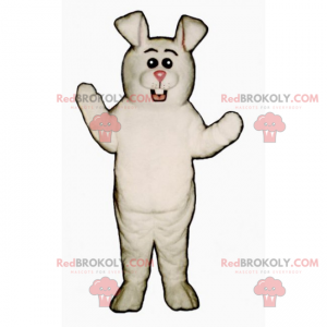Mascote coelho branco com nariz rosa e olhos redondos -