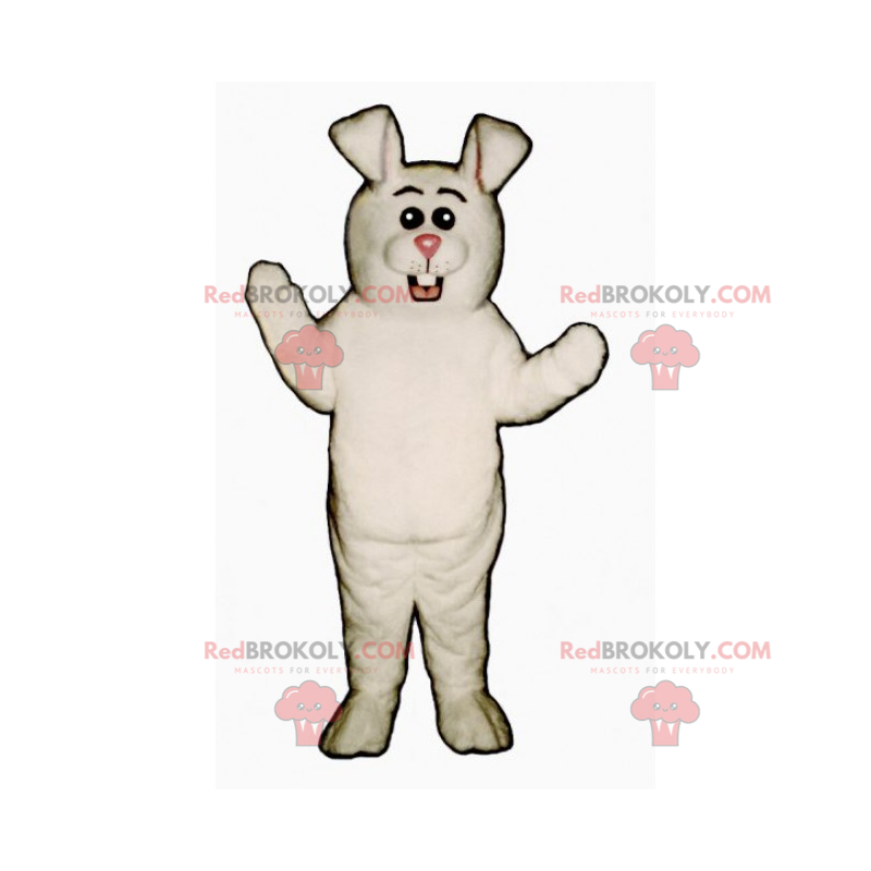 White rabbit mascot with a pink nose and round eyes -