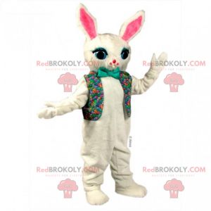White rabbit mascot in floral jacket and bow tie -