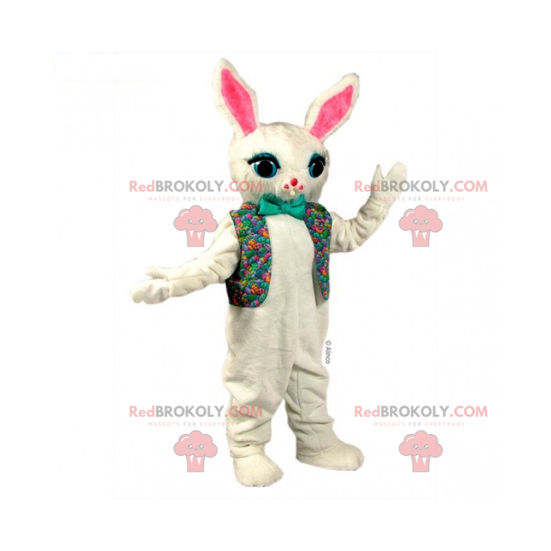 White rabbit mascot in floral jacket and bow tie -