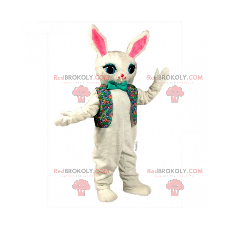 Wit konijn mascotte in bloemenjasje en vlinderdas -