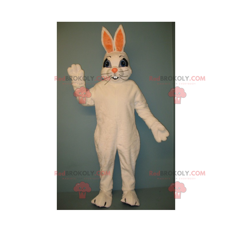 Weißes Kaninchenmaskottchen mit großen Schnurrbärten -