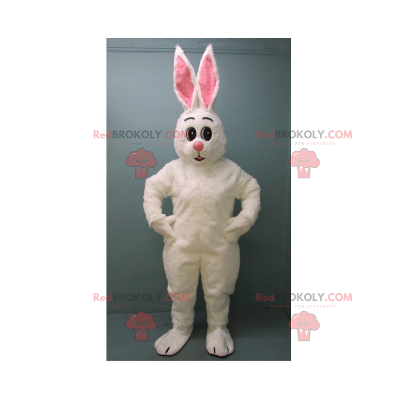 Mascotte de lapin blanc aux grandes oreilles roses -