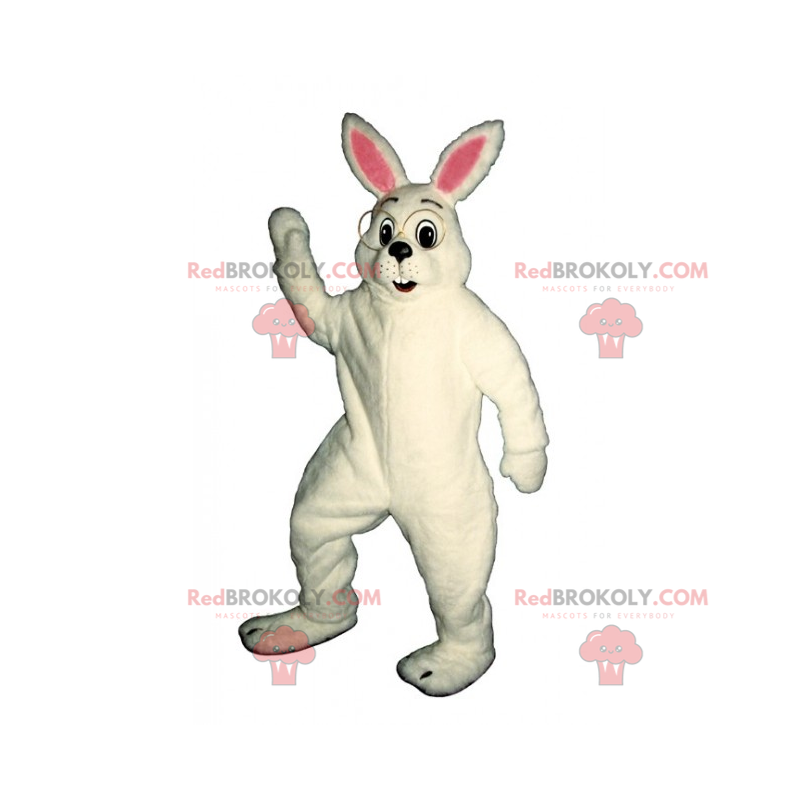 Mascotte de lapin blanc avec grandes lunettes rondes -