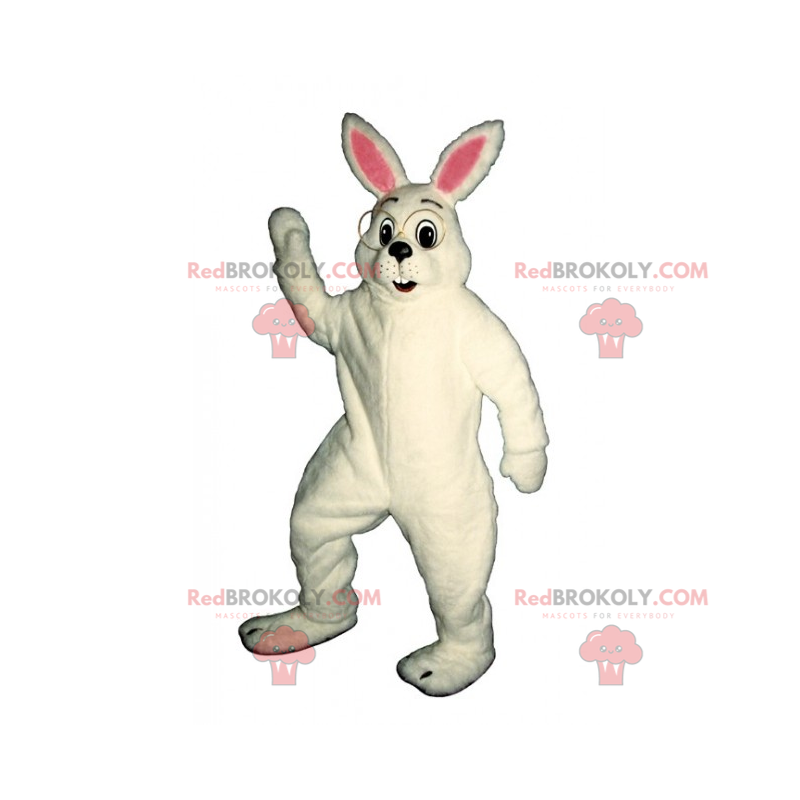 Maskot bílý králík s velkými kulatými brýlemi - Redbrokoly.com