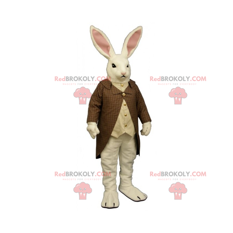 Mascotte de lapin blanc avec manteau a carreaux - Redbrokoly.com