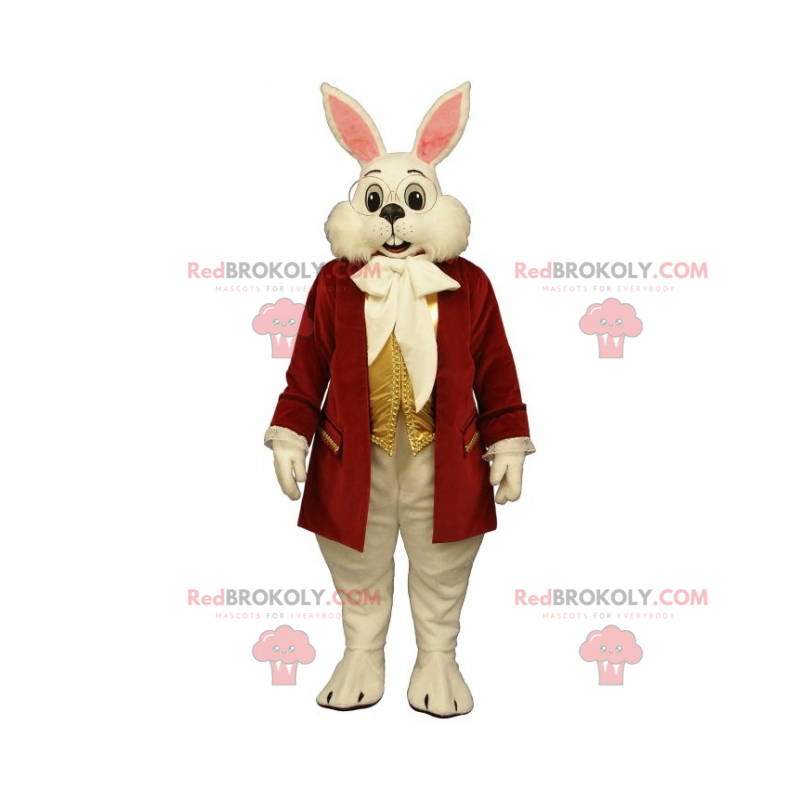 Mascote coelho branco com casaco vermelho - Redbrokoly.com