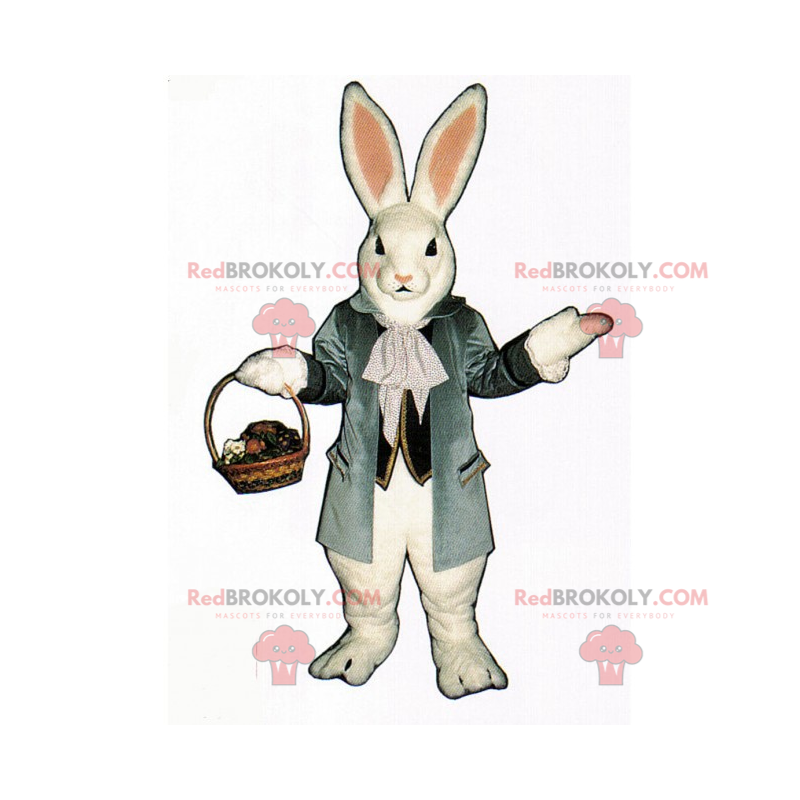 Biały królik maskotka z wiklinowym koszem - Redbrokoly.com