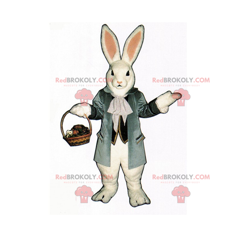 Wit konijn mascotte met rieten mand - Redbrokoly.com Wit konijn mascotte met rieten mand - Redbrokoly.com