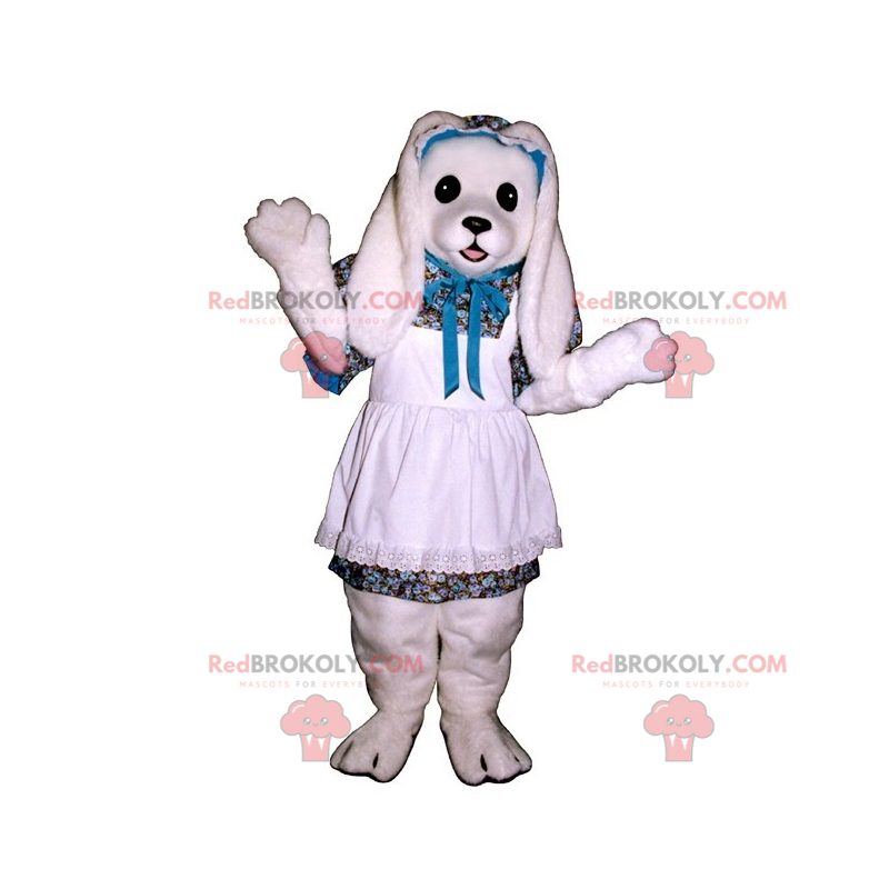 Maskot bílý králík s bílou krajkovou zástěrou - Redbrokoly.com
