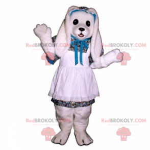 Biały królik maskotka z białym koronkowym fartuchem -
