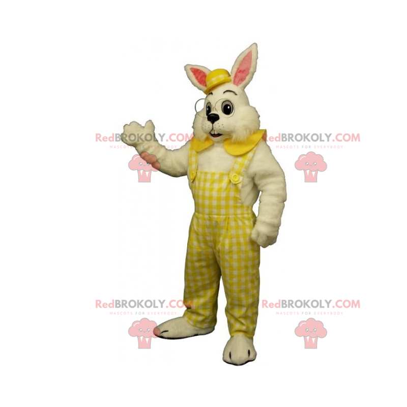 Mascotte de lapin blanc en salopette et chapeau melon - Mascotte de lapin blanc en salopette et chapeau melon -