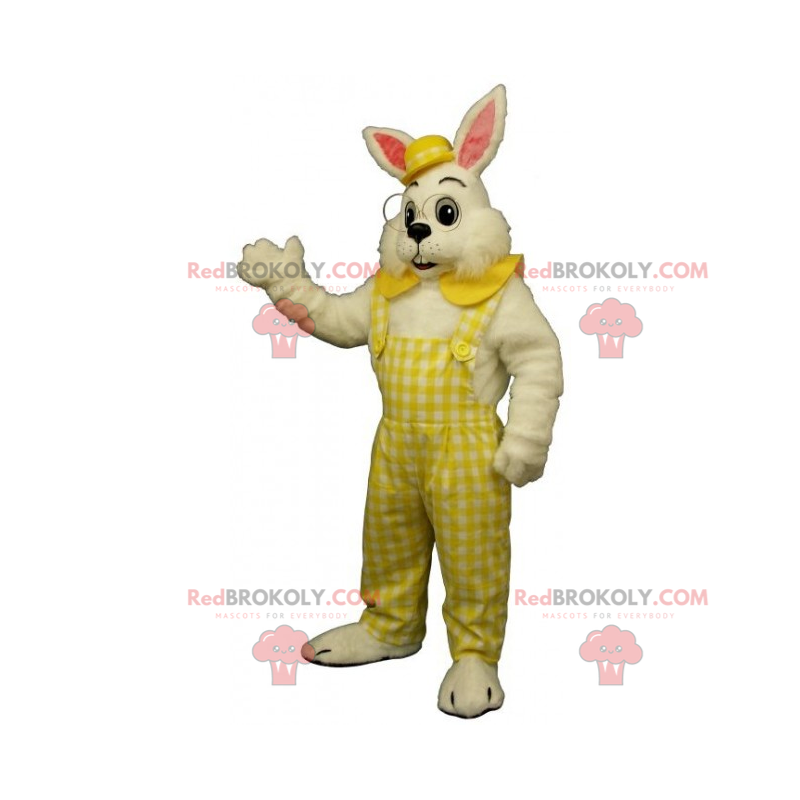 Wit konijn mascotte overall en bolhoed - Redbrokoly.com