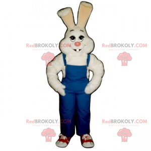 Hvid kaninmaskot og blå overall - Redbrokoly.com