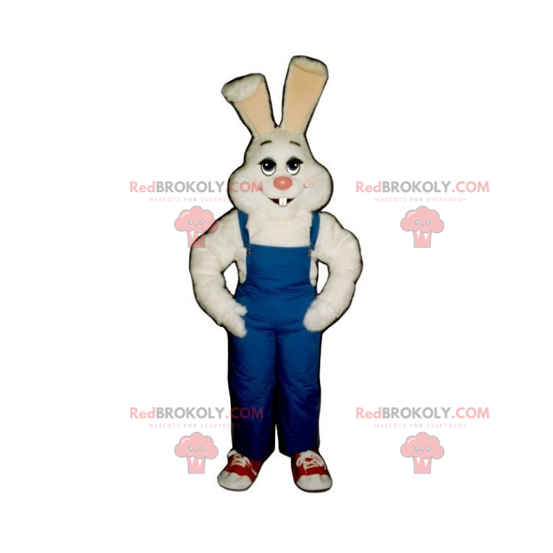 Biały królik maskotka i niebieski kombinezon - Redbrokoly.com