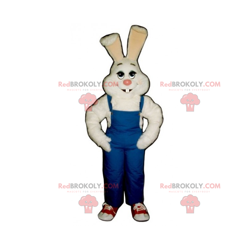 Mascote coelho branco e macacão azul - Redbrokoly.com