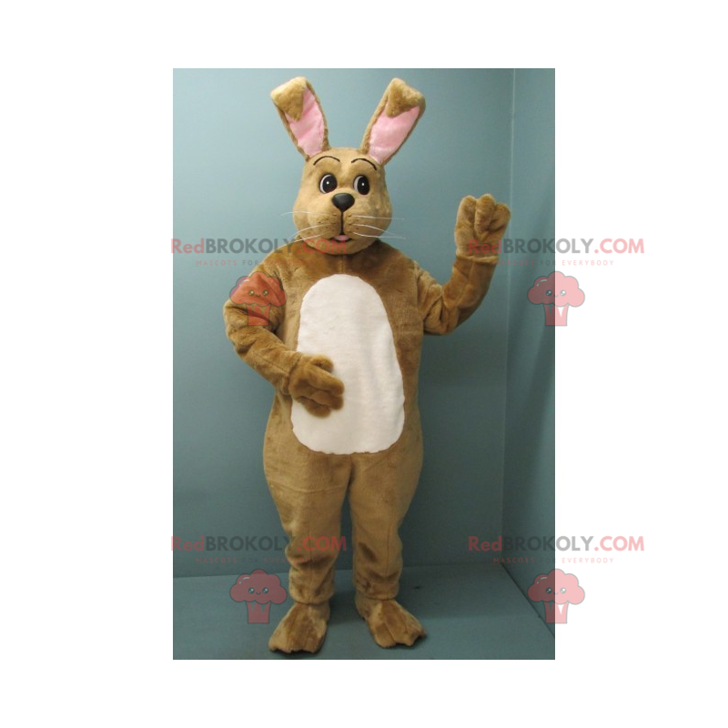 Brown rabbit mascot with white belly and pink ears -