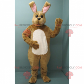 Brown rabbit mascot with white belly and pink ears -