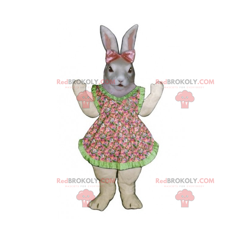 Graues Kaninchenmaskottchen mit Kleid und rosa Schleife -