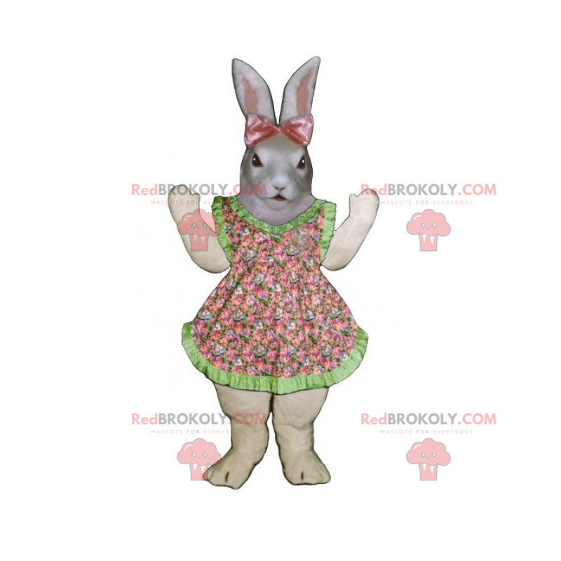 Gray rabbit mascot with dress and pink bow - Redbrokoly.com