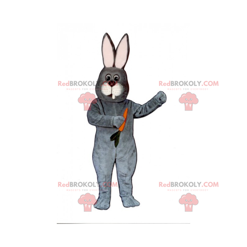 Graues Kaninchenmaskottchen mit seiner Karotte - Redbrokoly.com