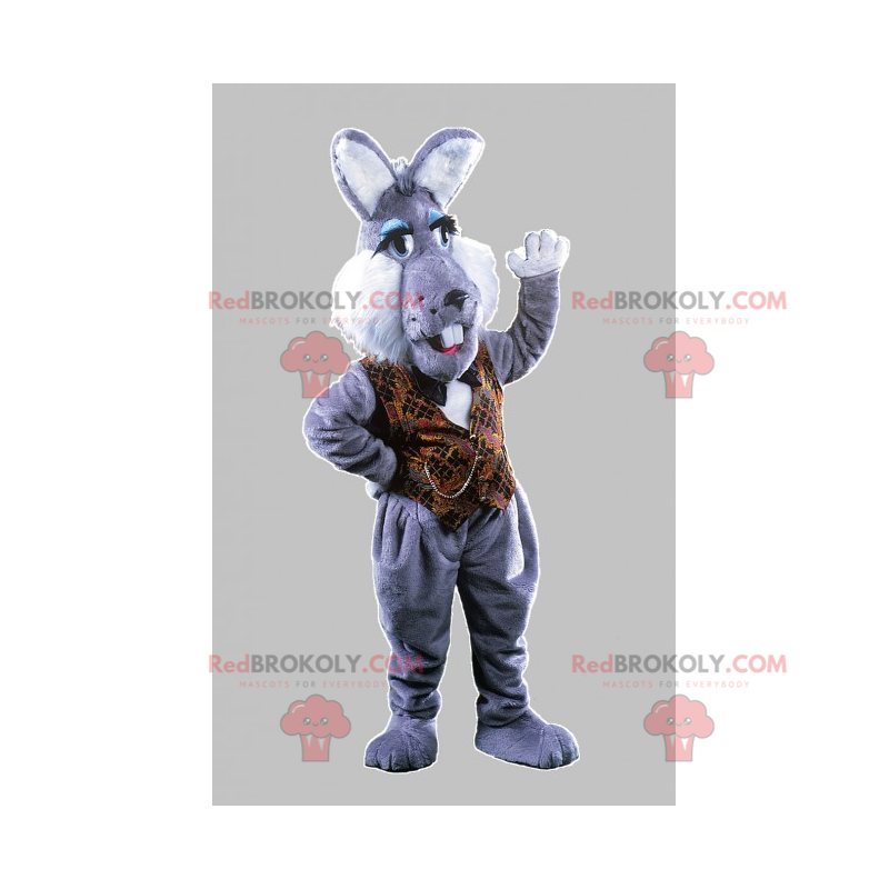 Gray rabbit mascot with brown jacket - Redbrokoly.com