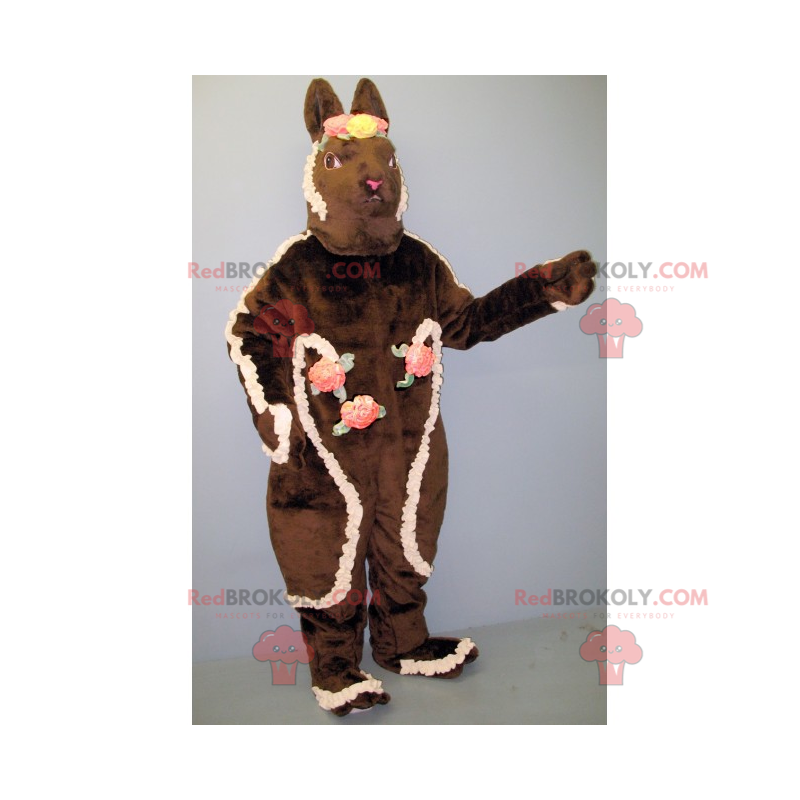 Mascotte de lapin marron avec couronnes de fleurs -