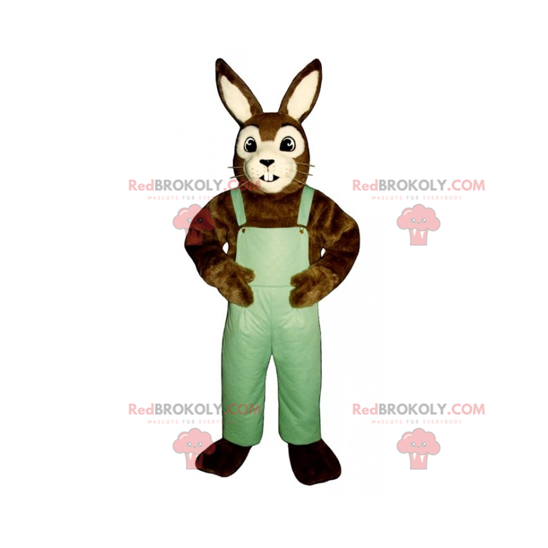 Brown and white rabbit mascot with overalls - Redbrokoly.com