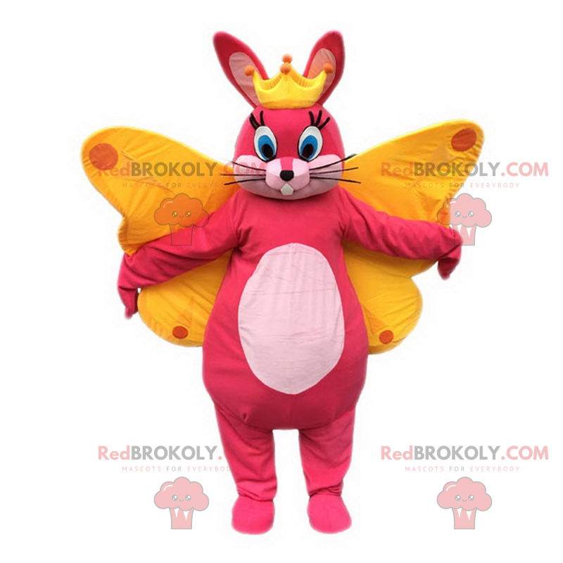 Pink rabbit mascot with crown and butterfly wings -