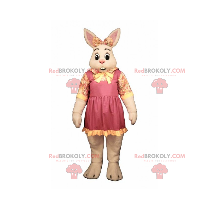 Mascotte de lapine blanche avec nœud et rose a fleurs - Mascotte de lapine blanche avec nœud et rose a fleurs -