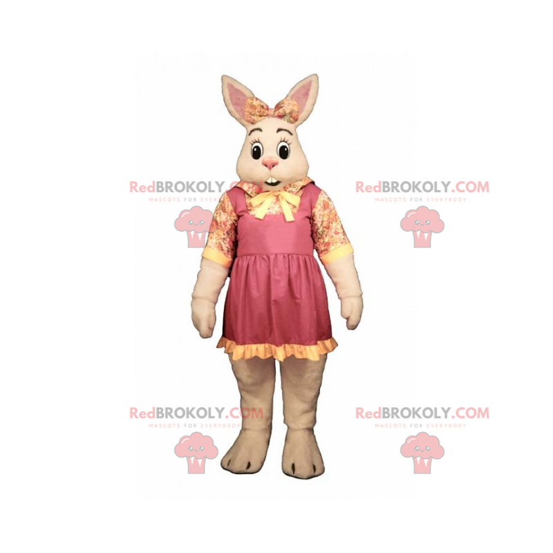 Vit kaninmaskot med rosett och blommaros - Redbrokoly.com