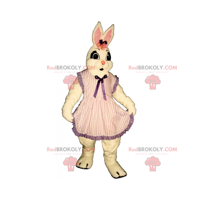Biały królik maskotka w pasiastej sukience - Redbrokoly.com