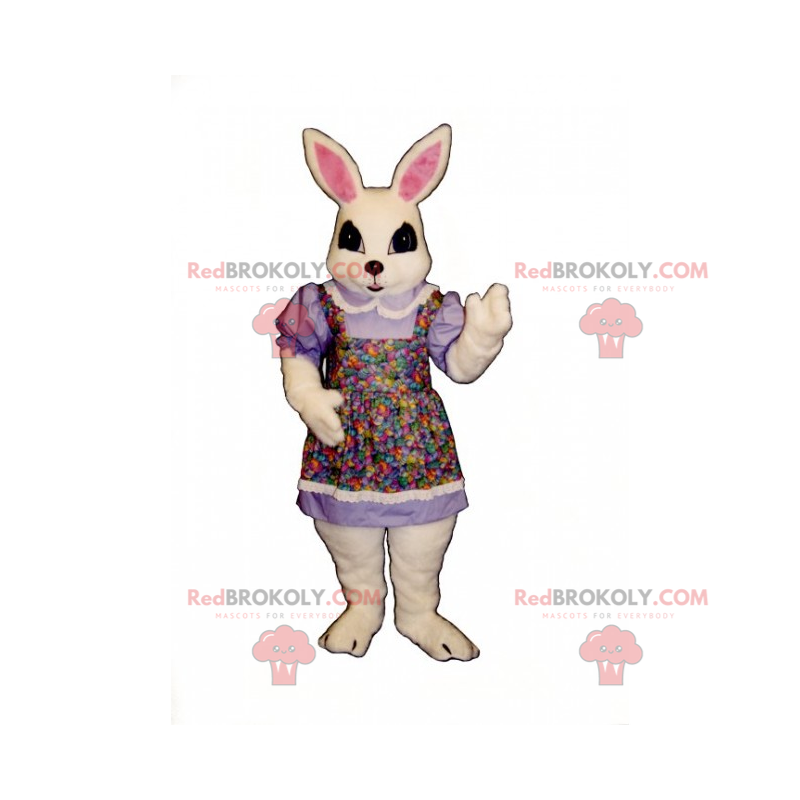 Biały królik maskotka w wielobarwnym fartuchu - Redbrokoly.com